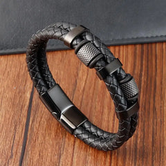Irregular Beads Men Fashion Stainless Steel Leather Bracelet Classic