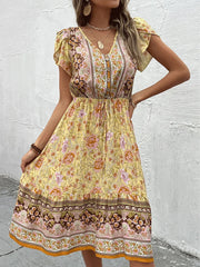 Floral Print Boho Midi Dress Short Petal Sleeve Outfits