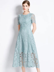 Vintage Lace Hollow Out Prom Short Sleeve Long Dress Clothing