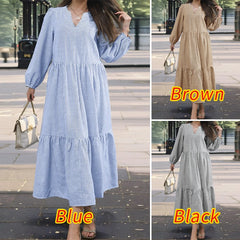 Elegant V Neck Long Sleeve Dress Striped Sundress Pleated Midi Robe Fashion