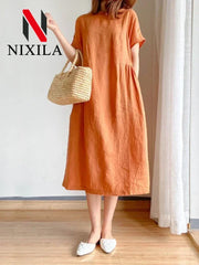 Elegant Casual Loose Short Sleeve Tops A-LINE Oversize Solid Midi Dresses