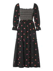 Embroidery Flower A-Line Dress Women's Puff Long Sleeve Square Neck