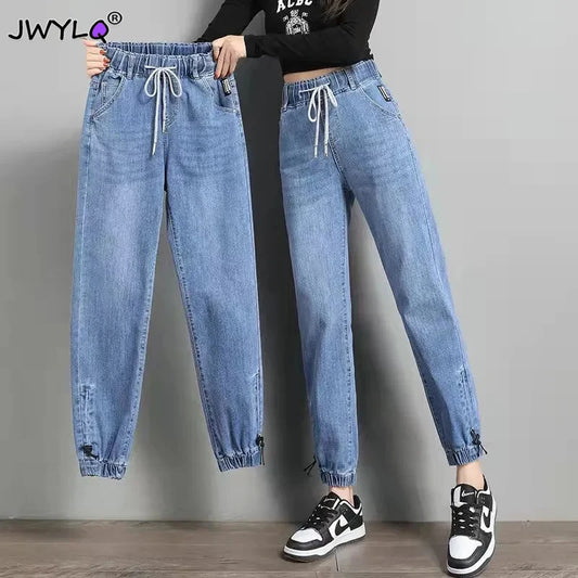 Drawstring Ankle-length Loose Jogger Jeans Solid Color Streetwear