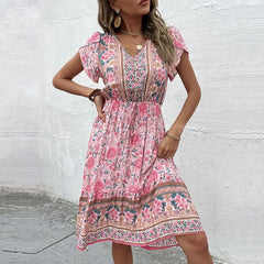 Floral Print Boho Midi Dress Short Petal Sleeve Outfits