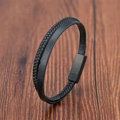 Simple Style Men's Black Genuine Leather Bracelet Classic Bangles