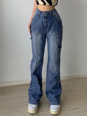 Jeans Streetwear High Waist Jeans Wide Leg Pockets Patchwork Baggy Cargo