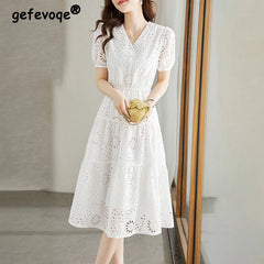 Women Hollow Embroidery White Elegant Party Dresses