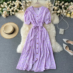 French Sweet Floral Women V Neck Puff Sleeve Midi Dress