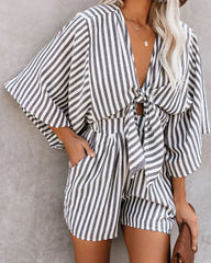 Striped Wide Leg Rompers Deep V Neck Sleeve Loose Jumpsuits