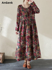 Cotton Vintage Long Sleeve Red Print Dresses Fashion Clothing