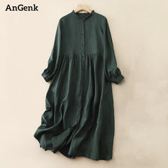 Cotton Vintage Dresses Casual Elegant Dress Long Sleeve Style