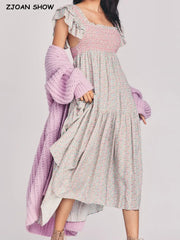 BOHO Spliced Wood ears Ruffles Sleeve Floral Print Midi Dress Hippie