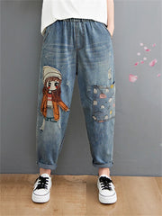 Embroidery Denim Pants For Trendy Casual High Waist Harem Jeans