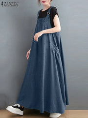 Elegant Overalls Dress Oversized Sundress Vintage Straps Solid A-line Denim