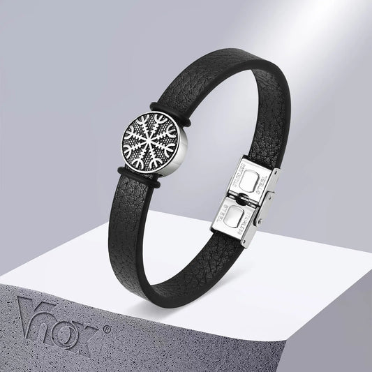 Viking Compass Charm Bracelets for Men Black PU Leather Bangle