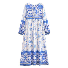 BOHO Totem Print Bow Lacing up Neck Long Straight Dress