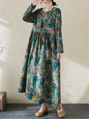 Cotton Vintage Long Sleeve Red Print Dresses Fashion Clothing