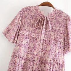 BOHO Paisley Flower Print Midi Dress Hippie Ruffles Robe