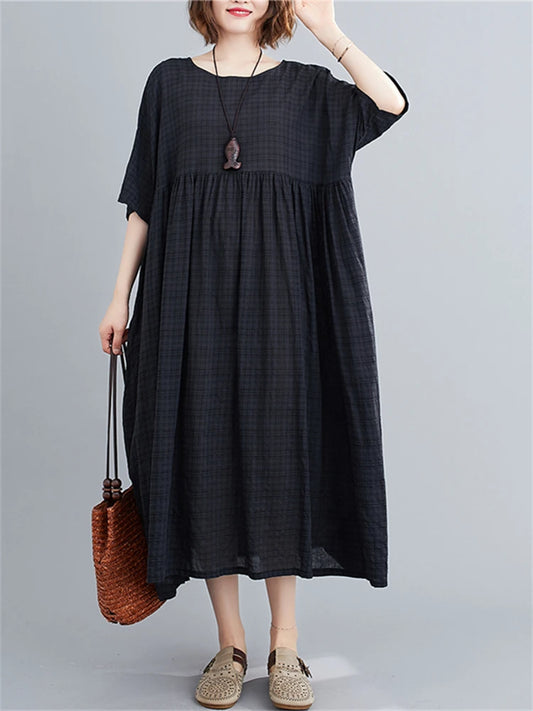 Cotton Vintage Short Sleeve Solid Color Dresses Clothing