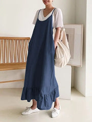 Fashion Sundress Summer Vintage Ruffles Casual Straps Solid Midi