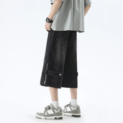 Style Zipper Decor Men's Jeans Wide Leg Shorts