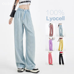 Cosy Lyocell Fabric Woman Jeans Loose Wide Leg Straight High Waist Fashion