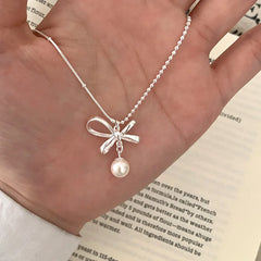 Trendy Fashion 925 Silver Pearl Simple Elegant Thin Chain Pendant Necklace