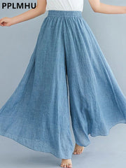 Baggy Cotton Linen Culotte Pants Casual Wide Leg Pantalones