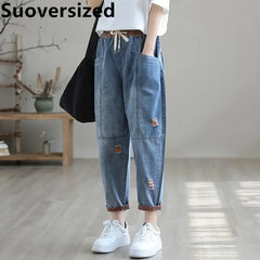 Streetwear Ripped Hole Harem Jeans Baggy Ankle-length Denim