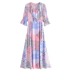 BOHO Contrast Color Flower Print Maxi Long Dress Hippie Ruffles