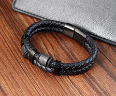 Irregular Beads Men Fashion Stainless Steel Leather Bracelet Classic