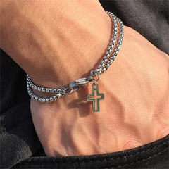 Double Chain Hollow Cross Pendant Stainless Steel Bracelet Fashion