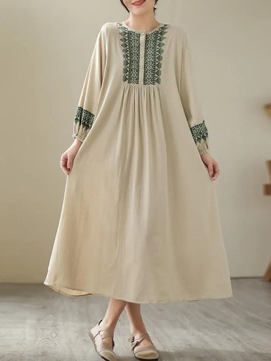 Cotton Long Vintage Style Embroidery Casual Dress