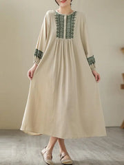 Cotton Long Vintage Style Embroidery Casual Dress