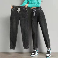 Drawstring Ankle-length Loose Jogger Jeans Solid Color Streetwear