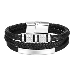 Bracelets for Men Black PU Leather Bangle with Metal Tube Charm