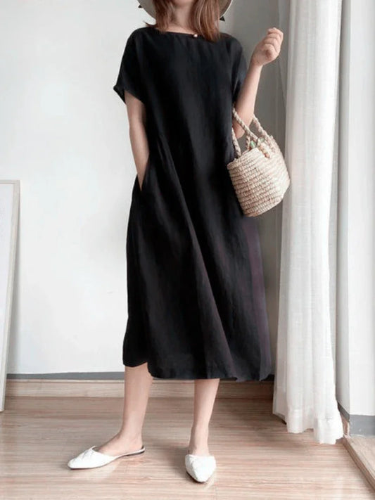 Elegant Casual Loose Short Sleeve Tops A-LINE Oversize Solid Midi Dresses