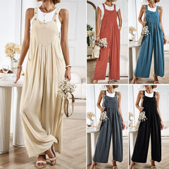 Cotton Linen Wide Leg Maxi Jumpsuits Vintage Solid Casual