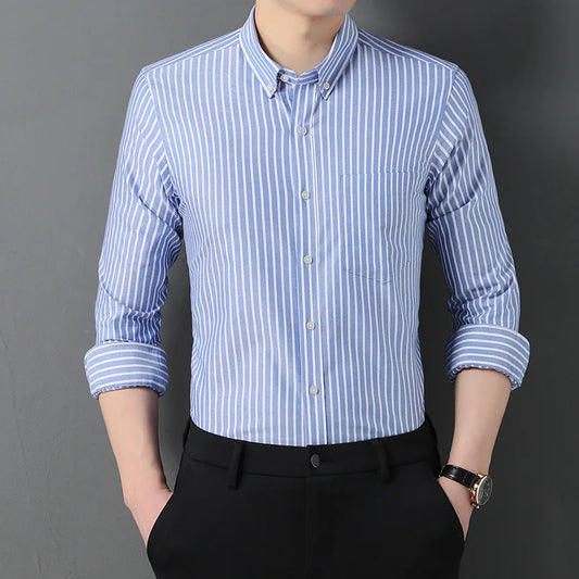 Men's Cotton Striped Checkered Long Sleeve Oxford Shirt