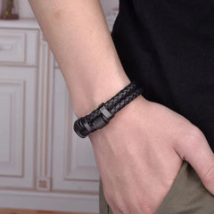 Irregular Beads Men Fashion Stainless Steel Leather Bracelet Classic