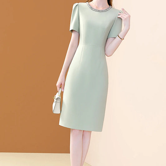 Elegant Women O-neck Embroidered Flares Dress Chic Office A-line