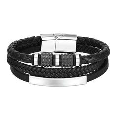 Bracelets for Men Black PU Leather Bangle with Metal Tube Charm