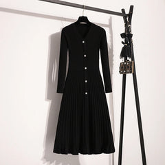 Solid Knitted Sweater Long Dresses Office V Neck Long Sleeve High Waist