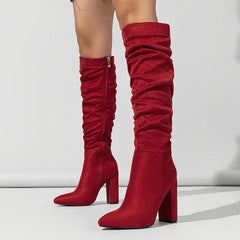 Street Style Pleated Pointed Toe Zip Thigh High Boots Square Heel