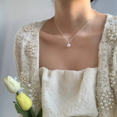 Trendy Fashion 925 Silver Pearl Simple Elegant Thin Chain Pendant Necklace