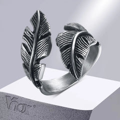 Vintage Feather Ring Men Jewelry Stainless Steel Biker Style