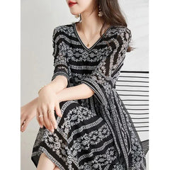 Chiffon Print V-neck Fashion Women Clothing Party Vestido Dress