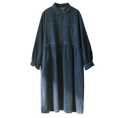 Dresses Single Breasted Turn Down Collar Denim Dress Solid Pockets
