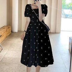 Elegant Midi Style Floral Print Square Collar Casual Dresses