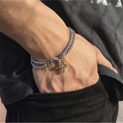 Double Chain Hollow Cross Pendant Stainless Steel Bracelet Fashion